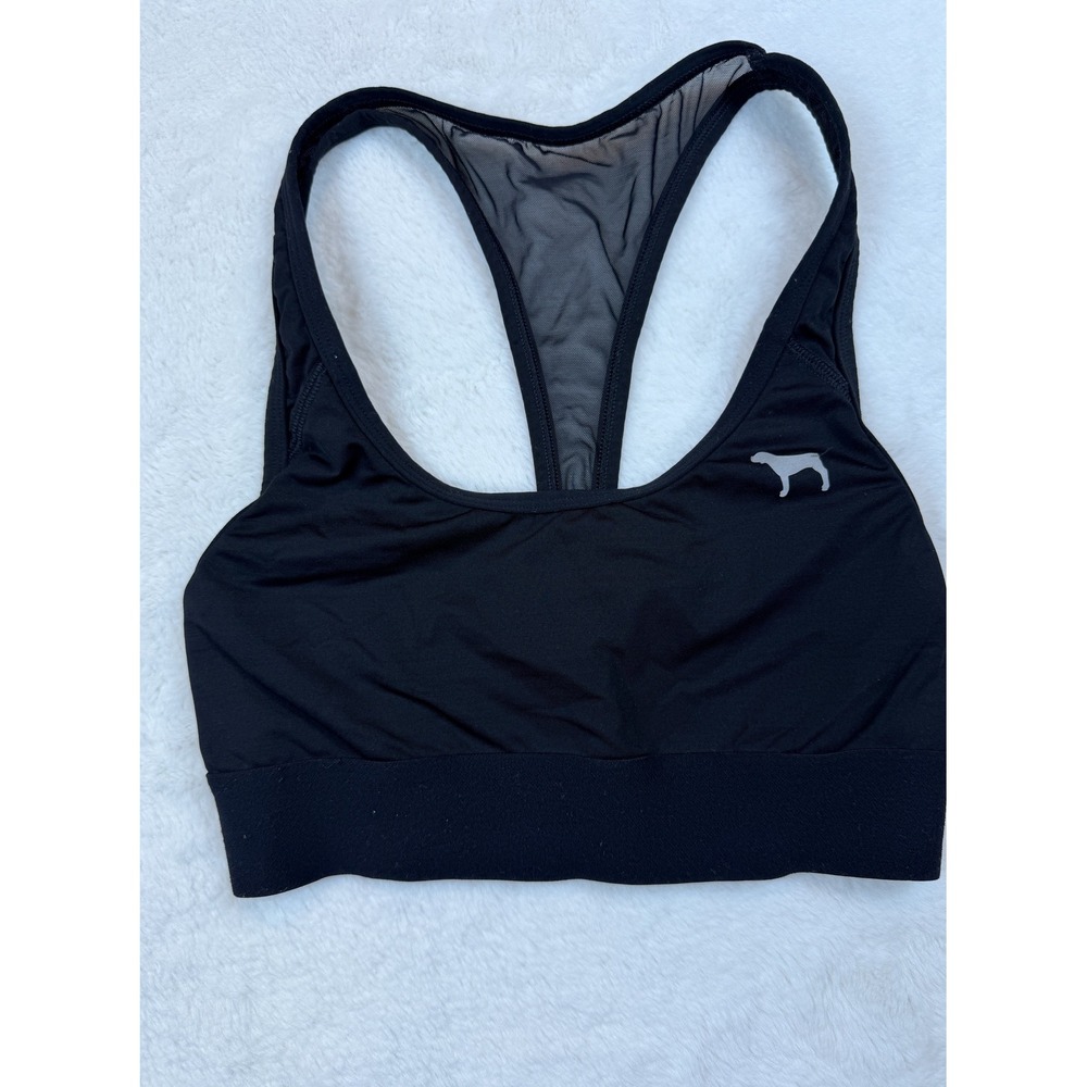PINK Victoria's Secret Black Racerback Mesh Sports Bra Dog Logo XS TP